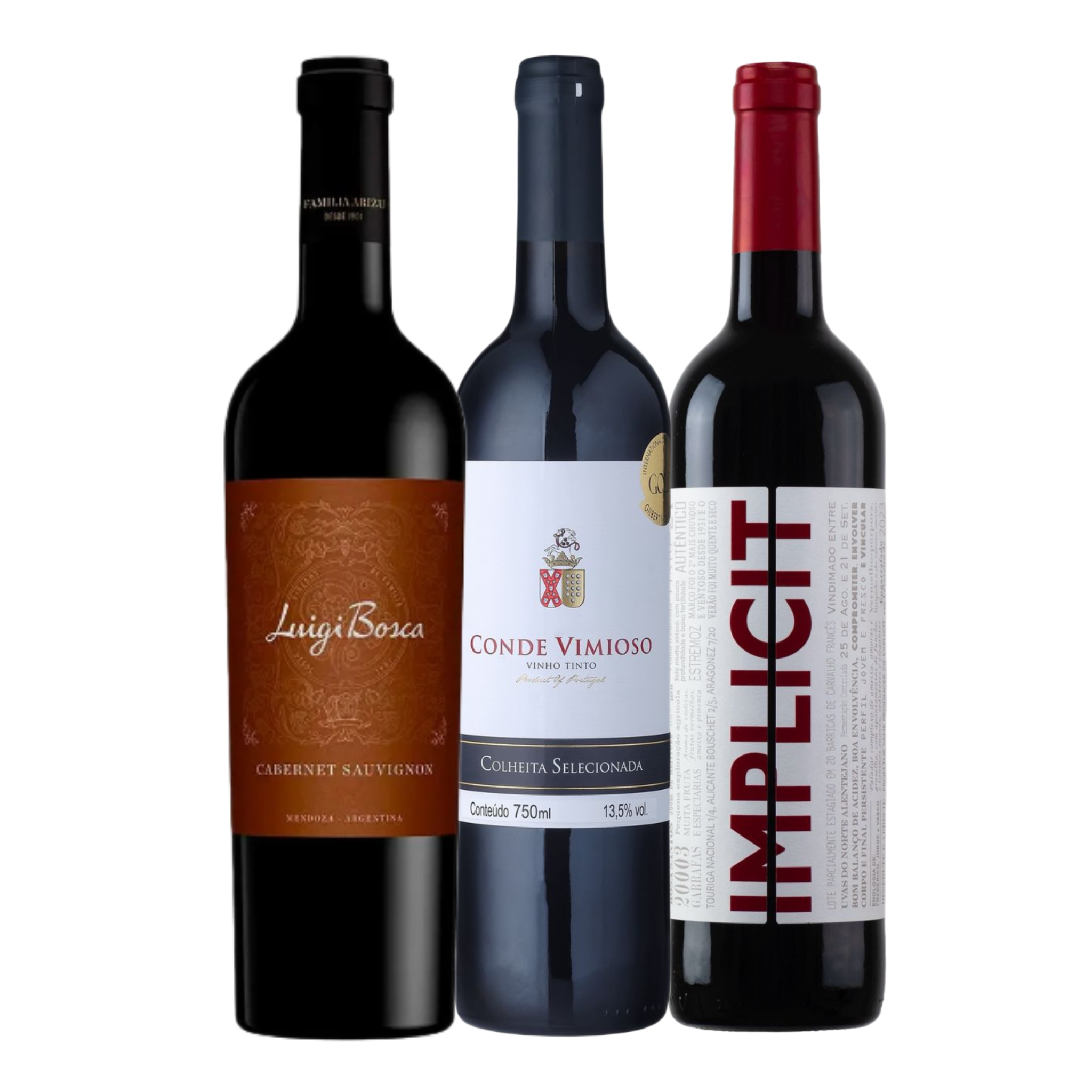 Kit 3 Vinhos Tintos Argentino Luigi Bosca Cabernet Sauvignon - Vinho Tinto Português Implicit Rosa Santos - Vinho Português Conde Vimioso Colheita Selecionada Falua
